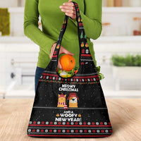 Meowy Christmas Woofy New Year Grocery Bag with Cat and Dog in Winter Hats and Festive Pattern Design - Wonder Print Shop