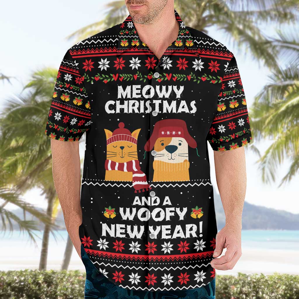 Meowy Christmas Woofy New Year Hawaiian Shirt with Cat and Dog in Winter Hats and Festive Pattern Design - Wonder Print Shop