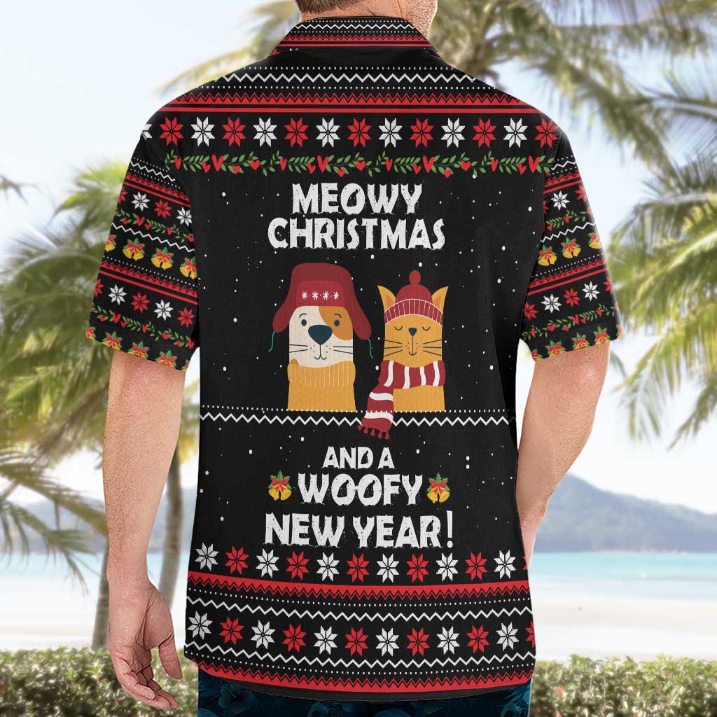 Meowy Christmas Woofy New Year Hawaiian Shirt with Cat and Dog in Winter Hats and Festive Pattern Design - Wonder Print Shop
