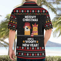 Meowy Christmas Woofy New Year Hawaiian Shirt with Cat and Dog in Winter Hats and Festive Pattern Design - Wonder Print Shop