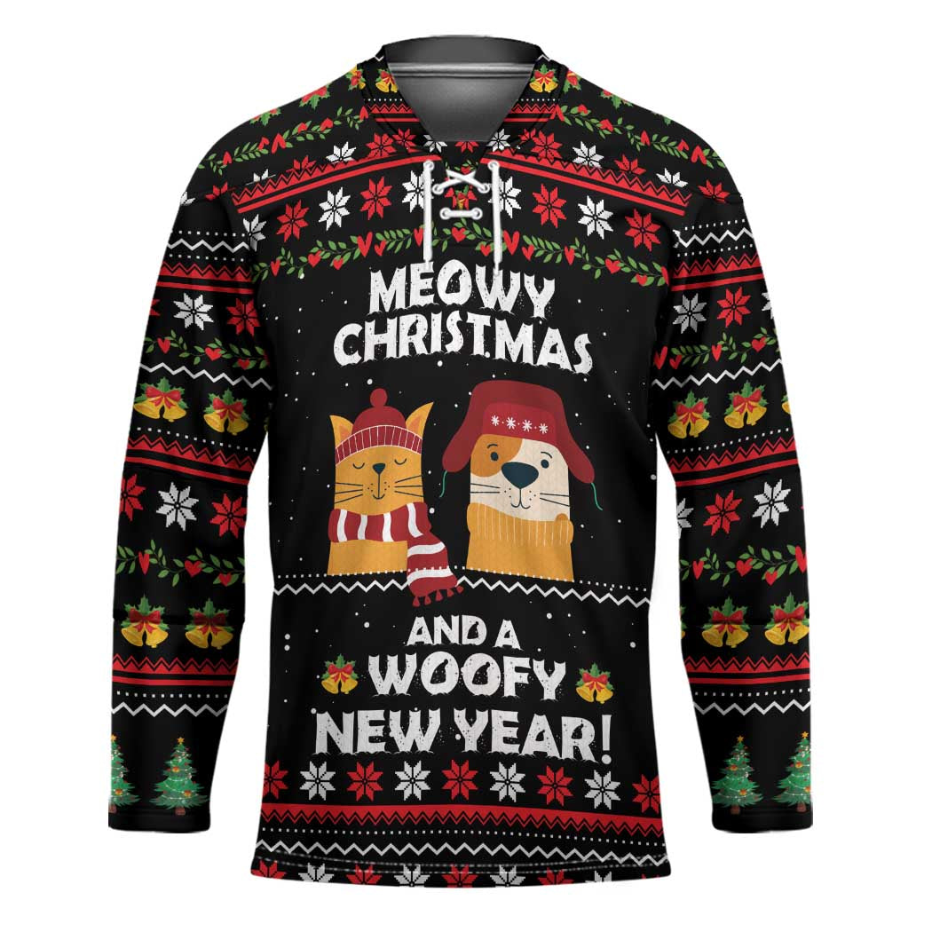 Meowy Christmas Woofy New Year Hockey Jersey with Cat and Dog in Winter Hats and Festive Pattern Design - Wonder Print Shop