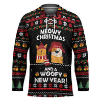 Meowy Christmas Woofy New Year Hockey Jersey with Cat and Dog in Winter Hats and Festive Pattern Design - Wonder Print Shop