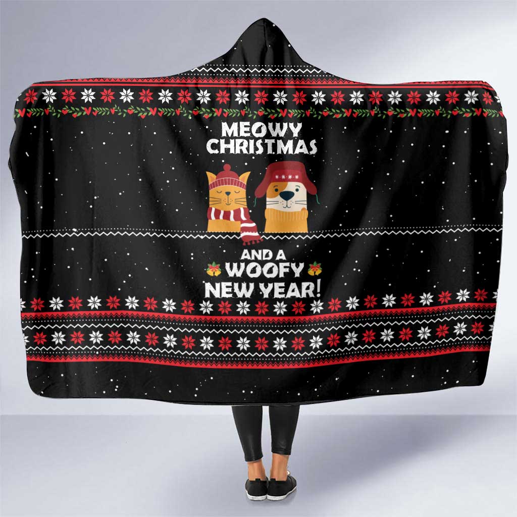 Meowy Christmas Woofy New Year Hooded Blanket with Cat and Dog in Winter Hats and Festive Pattern Design - Wonder Print Shop
