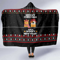 Meowy Christmas Woofy New Year Hooded Blanket with Cat and Dog in Winter Hats and Festive Pattern Design - Wonder Print Shop