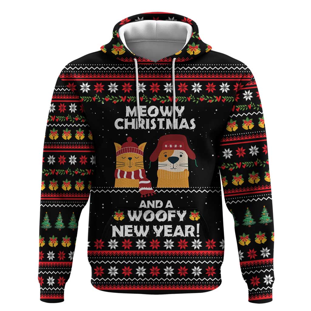 Meowy Christmas Woofy New Year Hoodie with Cat and Dog in Winter Hats and Festive Pattern Design - Wonder Print Shop