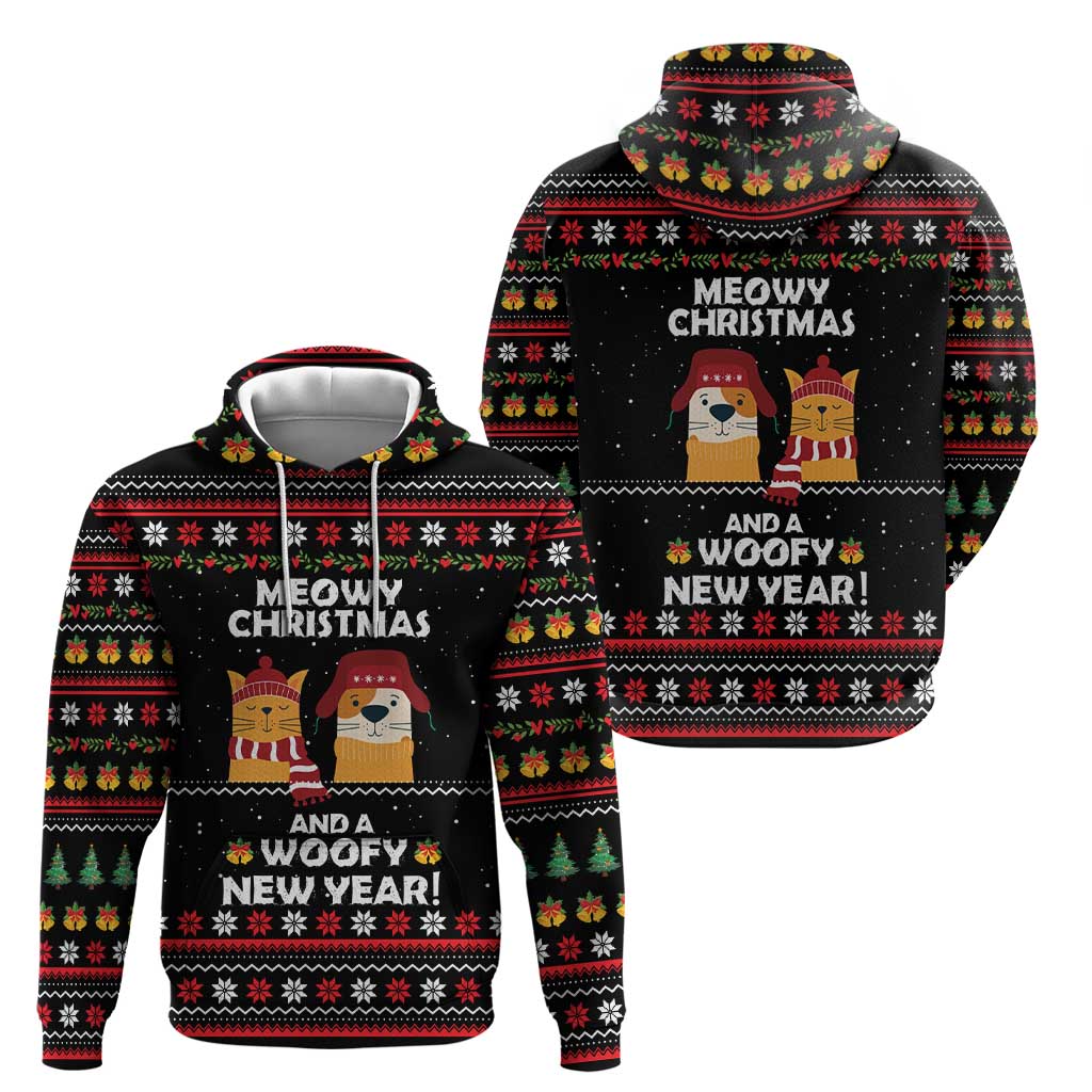 Meowy Christmas Woofy New Year Hoodie with Cat and Dog in Winter Hats and Festive Pattern Design - Wonder Print Shop