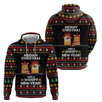 Meowy Christmas Woofy New Year Hoodie with Cat and Dog in Winter Hats and Festive Pattern Design - Wonder Print Shop