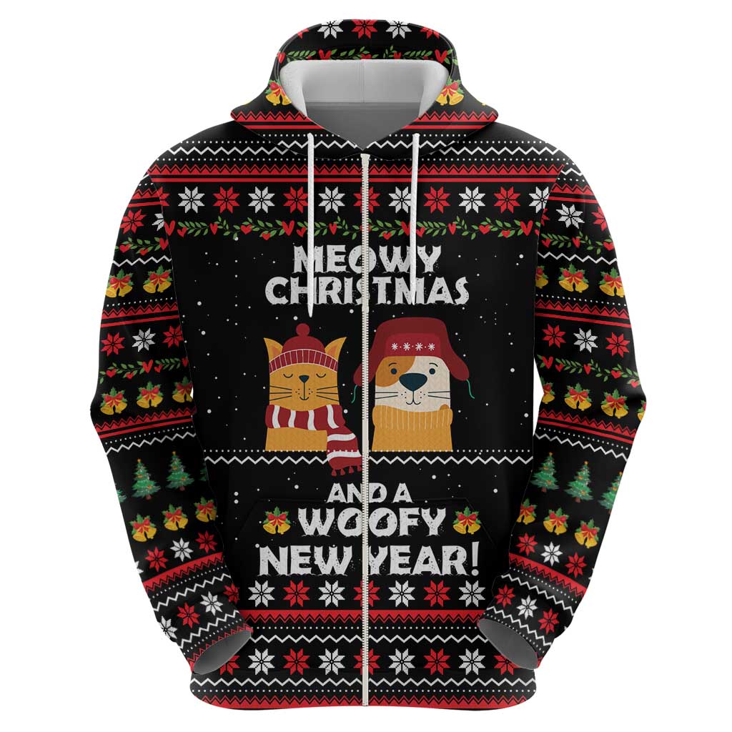 Meowy Christmas Woofy New Year Hoodie with Cat and Dog in Winter Hats and Festive Pattern Design - Wonder Print Shop