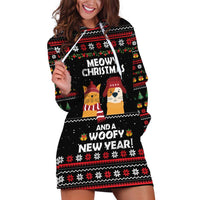 Meowy Christmas Woofy New Year Hoodie Dress with Cat and Dog in Winter Hats and Festive Pattern Design - Wonder Print Shop