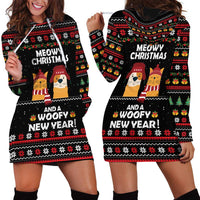 Meowy Christmas Woofy New Year Hoodie Dress with Cat and Dog in Winter Hats and Festive Pattern Design - Wonder Print Shop