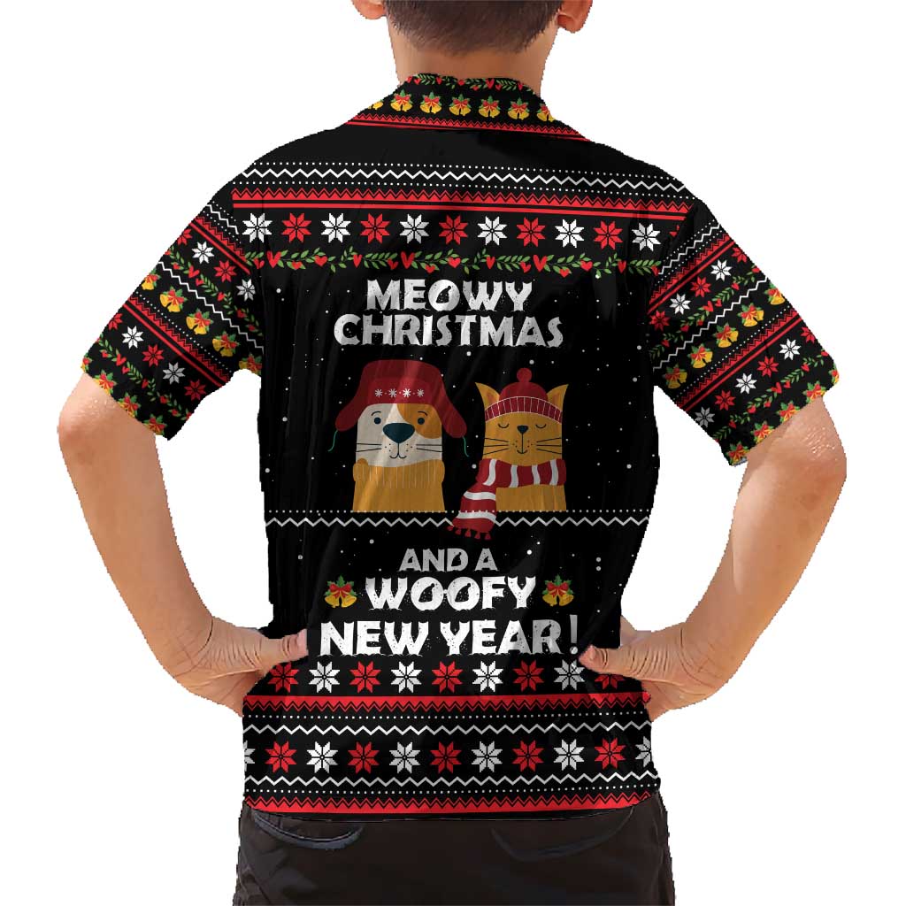 Meowy Christmas Woofy New Year Kid Hawaiian Shirt with Cat and Dog in Winter Hats and Festive Pattern Design - Wonder Print Shop