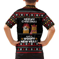 Meowy Christmas Woofy New Year Kid Hawaiian Shirt with Cat and Dog in Winter Hats and Festive Pattern Design - Wonder Print Shop