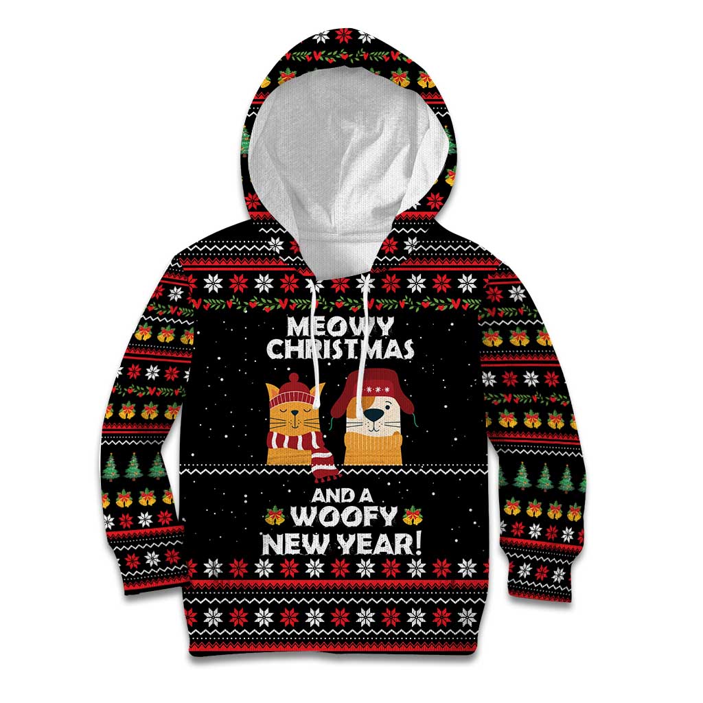 Meowy Christmas Woofy New Year Kid Hoodie with Cat and Dog in Winter Hats and Festive Pattern Design - Wonder Print Shop