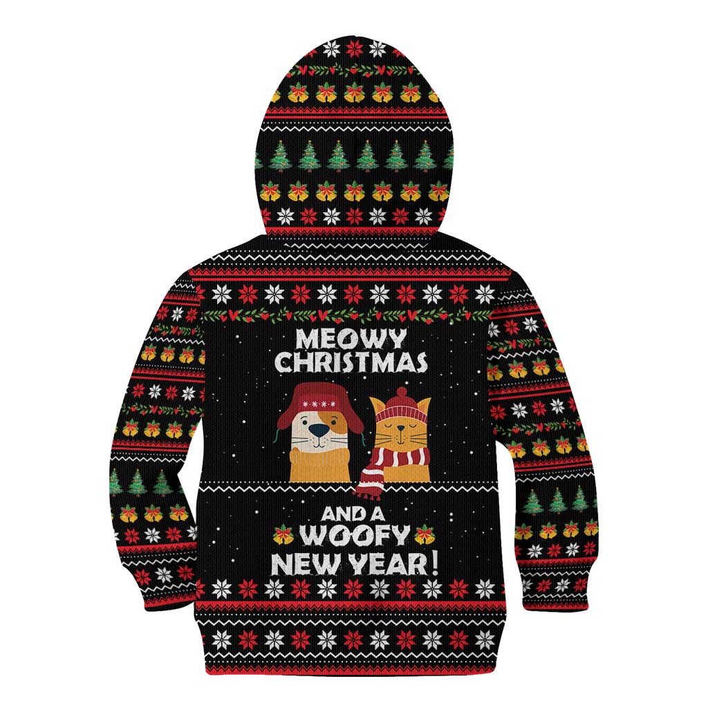 Meowy Christmas Woofy New Year Kid Hoodie with Cat and Dog in Winter Hats and Festive Pattern Design - Wonder Print Shop