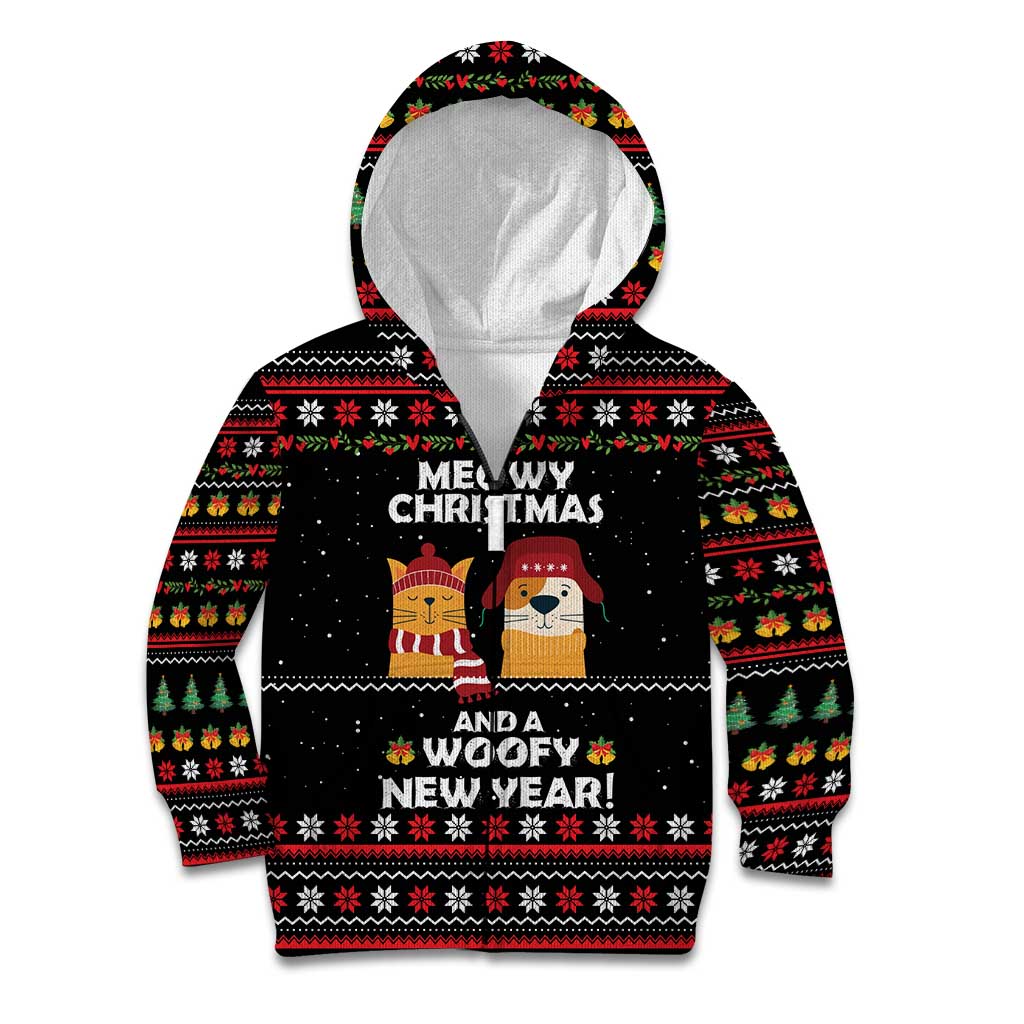 Meowy Christmas Woofy New Year Kid Hoodie with Cat and Dog in Winter Hats and Festive Pattern Design - Wonder Print Shop