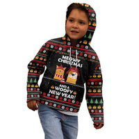 Meowy Christmas Woofy New Year Kid Hoodie with Cat and Dog in Winter Hats and Festive Pattern Design - Wonder Print Shop