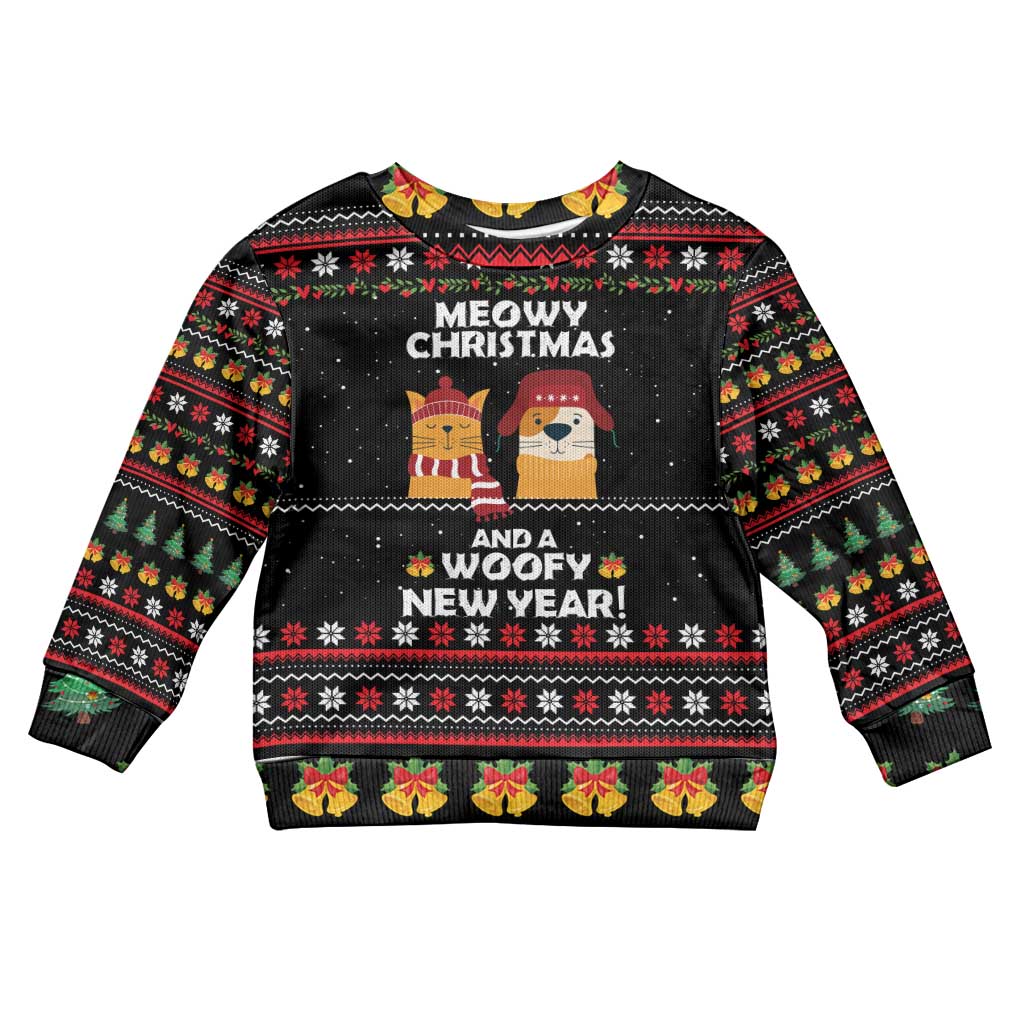 Meowy Christmas Woofy New Year Kid Ugly Christmas Sweater with Cat and Dog in Winter Hats and Festive Pattern Design - Wonder Print Shop