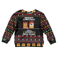 Meowy Christmas Woofy New Year Kid Ugly Christmas Sweater with Cat and Dog in Winter Hats and Festive Pattern Design - Wonder Print Shop