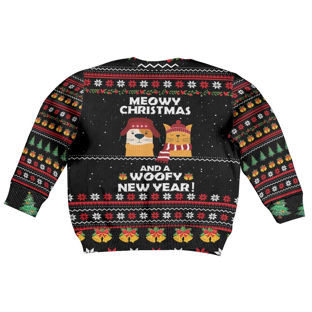 Meowy Christmas Woofy New Year Kid Ugly Christmas Sweater with Cat and Dog in Winter Hats and Festive Pattern Design - Wonder Print Shop