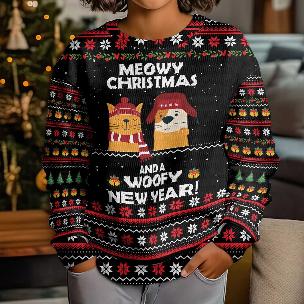 Meowy Christmas Woofy New Year Kid Ugly Christmas Sweater with Cat and Dog in Winter Hats and Festive Pattern Design - Wonder Print Shop
