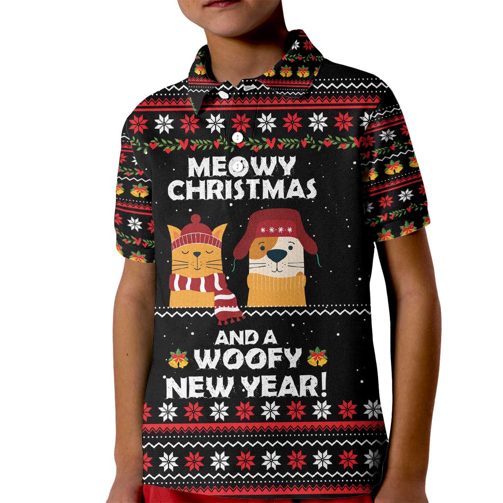 Meowy Christmas Woofy New Year Kid Polo Shirt with Cat and Dog in Winter Hats and Festive Pattern Design - Wonder Print Shop