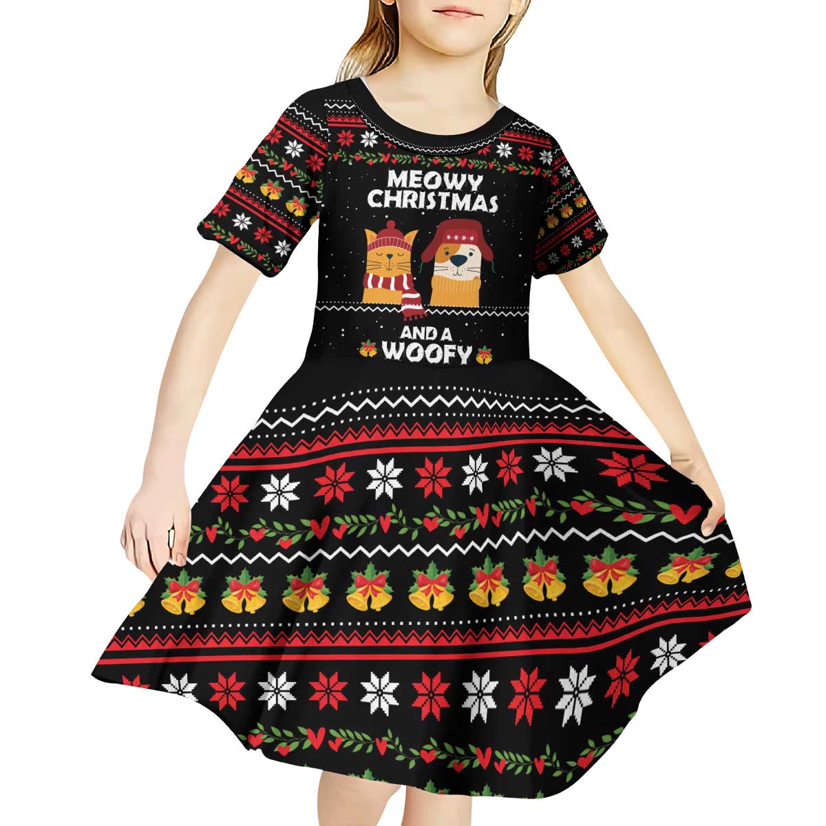Meowy Christmas Woofy New Year Kid Short Sleeve Dress with Cat and Dog in Winter Hats and Festive Pattern Design - Wonder Print Shop