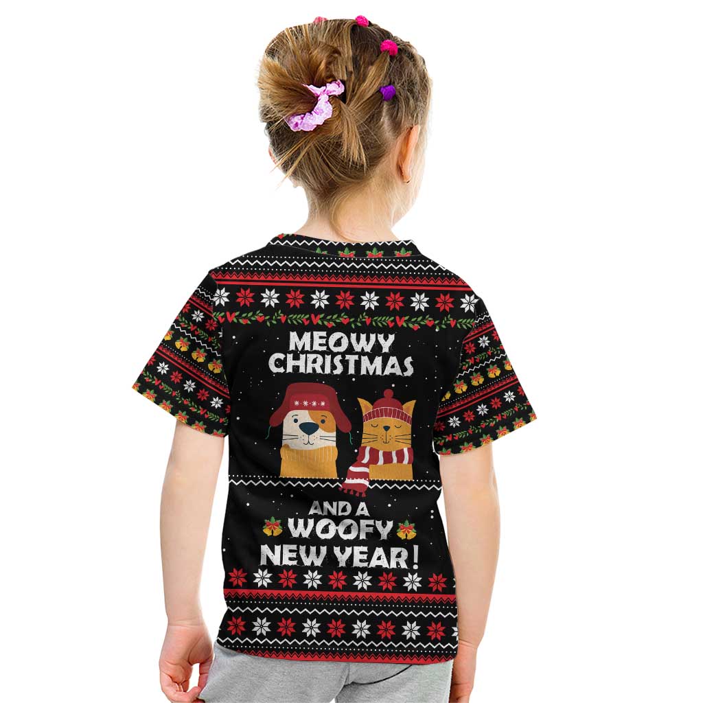 Meowy Christmas Woofy New Year Kid T Shirt with Cat and Dog in Winter Hats and Festive Pattern Design - Wonder Print Shop