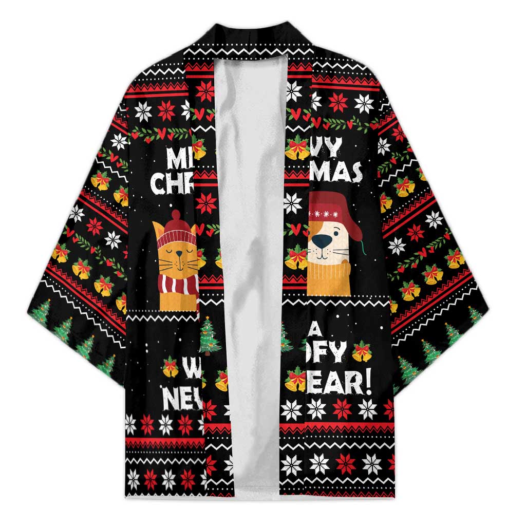 Meowy Christmas Woofy New Year Kimono with Cat and Dog in Winter Hats and Festive Pattern Design - Wonder Print Shop