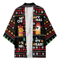 Meowy Christmas Woofy New Year Kimono with Cat and Dog in Winter Hats and Festive Pattern Design - Wonder Print Shop