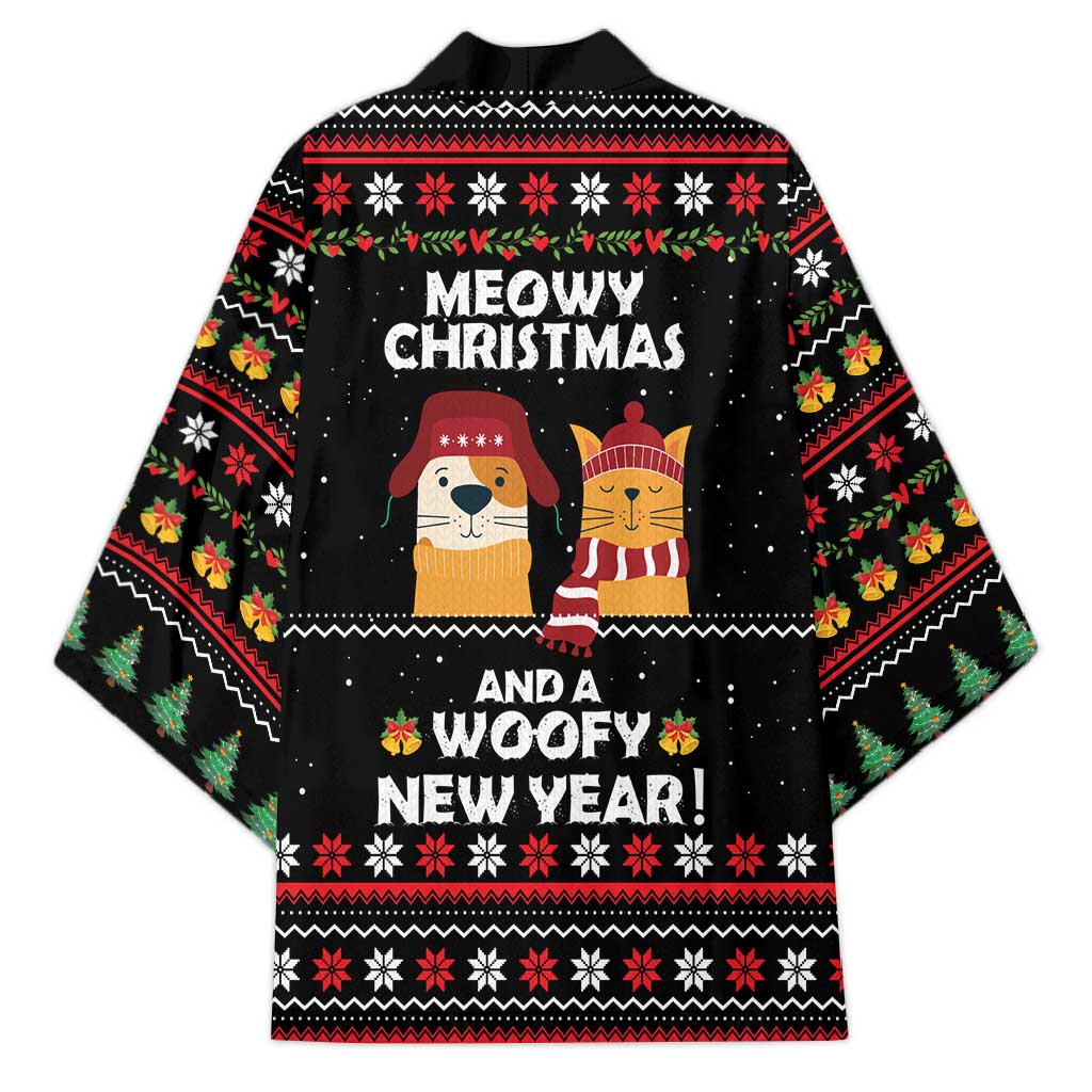Meowy Christmas Woofy New Year Kimono with Cat and Dog in Winter Hats and Festive Pattern Design - Wonder Print Shop