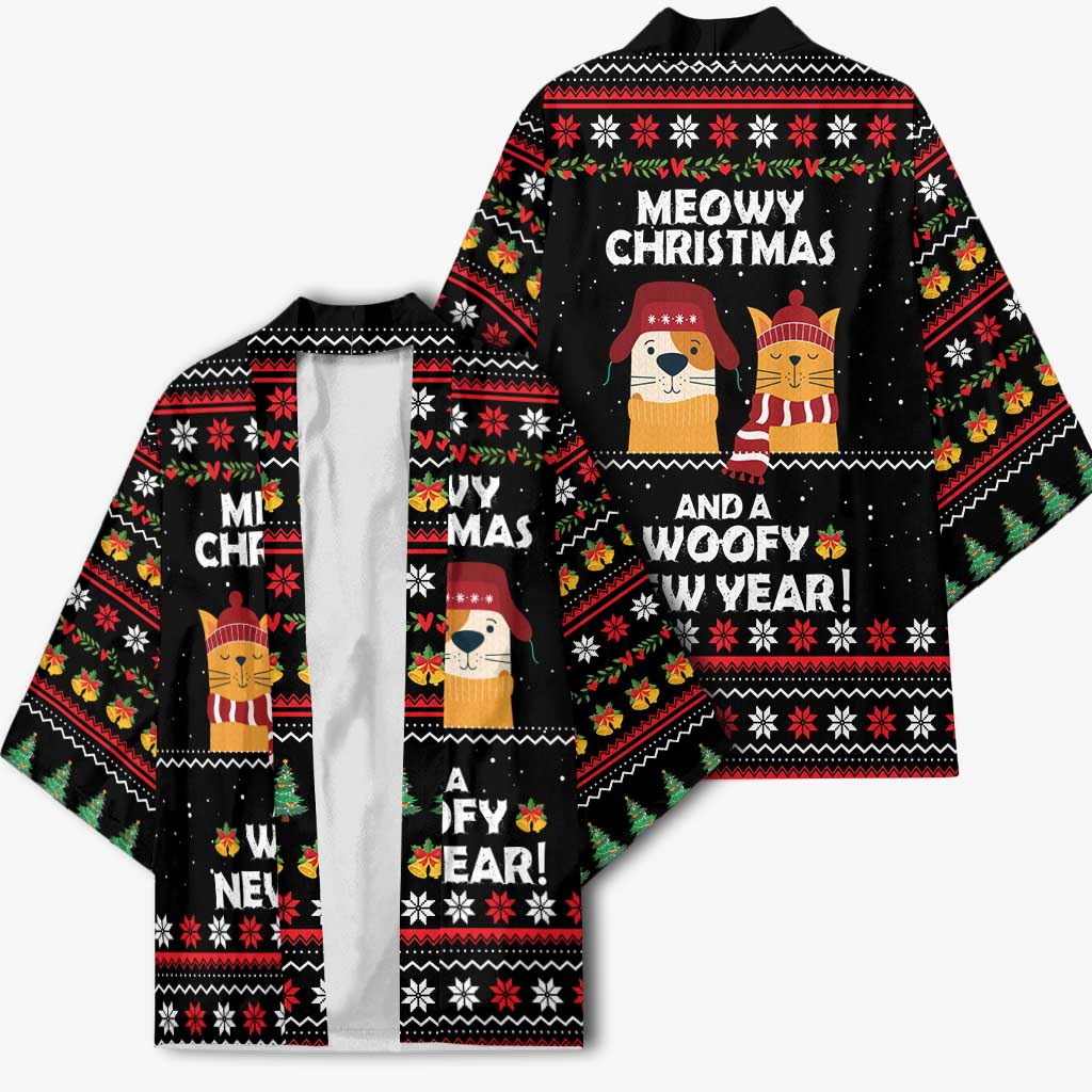 Meowy Christmas Woofy New Year Kimono with Cat and Dog in Winter Hats and Festive Pattern Design - Wonder Print Shop