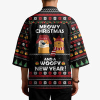 Meowy Christmas Woofy New Year Kimono with Cat and Dog in Winter Hats and Festive Pattern Design - Wonder Print Shop