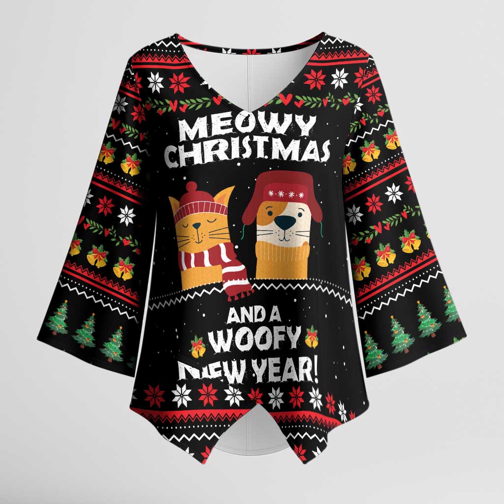 Meowy Christmas Woofy New Year Kimono Sleeve Blouse with Cat and Dog in Winter Hats and Festive Pattern Design - Wonder Print Shop