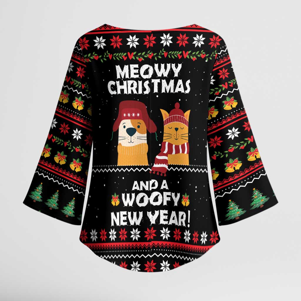 Meowy Christmas Woofy New Year Kimono Sleeve Blouse with Cat and Dog in Winter Hats and Festive Pattern Design - Wonder Print Shop