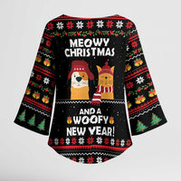 Meowy Christmas Woofy New Year Kimono Sleeve Blouse with Cat and Dog in Winter Hats and Festive Pattern Design - Wonder Print Shop