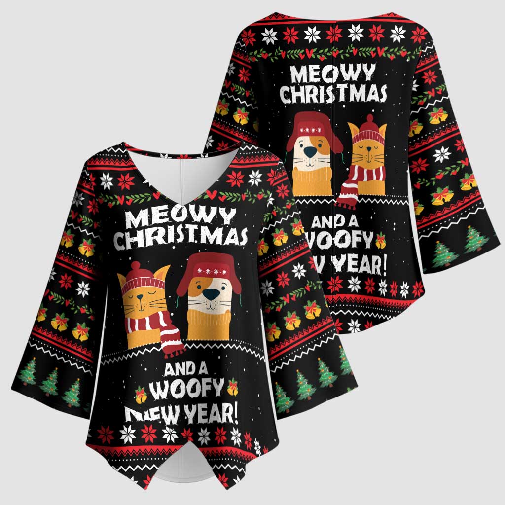 Meowy Christmas Woofy New Year Kimono Sleeve Blouse with Cat and Dog in Winter Hats and Festive Pattern Design - Wonder Print Shop