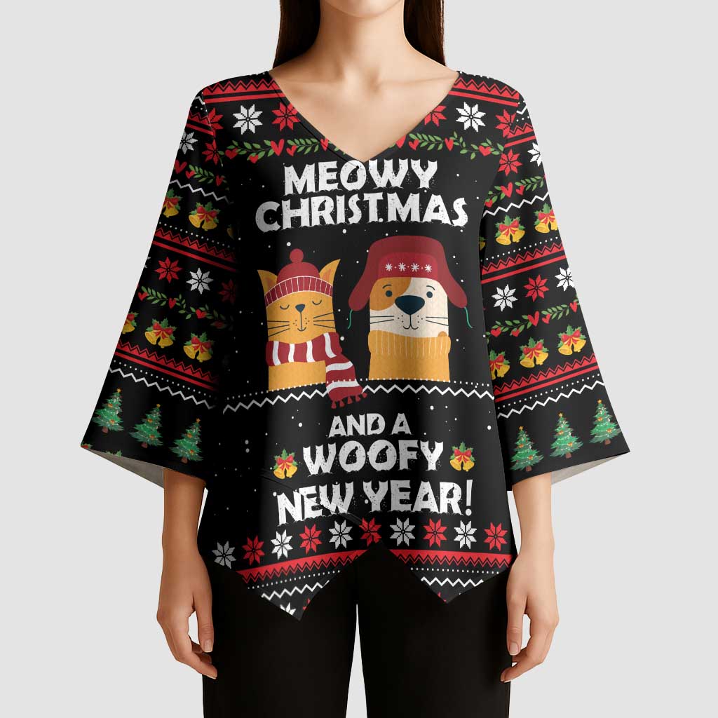 Meowy Christmas Woofy New Year Kimono Sleeve Blouse with Cat and Dog in Winter Hats and Festive Pattern Design - Wonder Print Shop