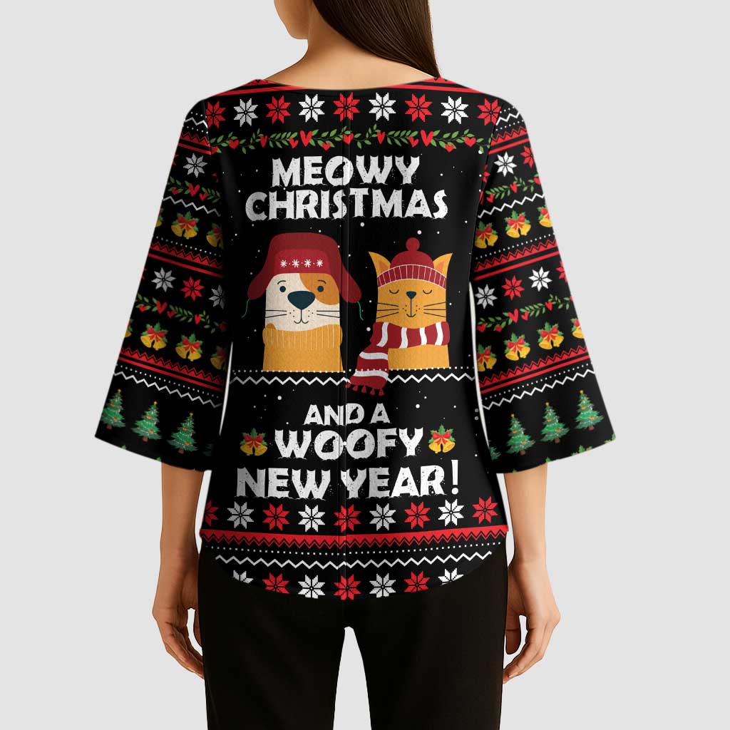 Meowy Christmas Woofy New Year Kimono Sleeve Blouse with Cat and Dog in Winter Hats and Festive Pattern Design - Wonder Print Shop