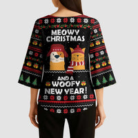 Meowy Christmas Woofy New Year Kimono Sleeve Blouse with Cat and Dog in Winter Hats and Festive Pattern Design - Wonder Print Shop