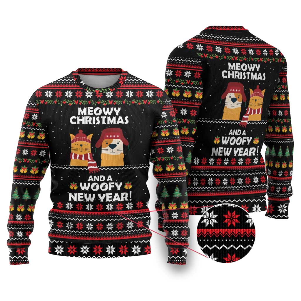 Meowy Christmas Woofy New Year Ugly Christmas Sweater with Cat and Dog in Winter Hats and Festive Pattern Design - Wonder Print Shop
