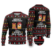Meowy Christmas Woofy New Year Ugly Christmas Sweater with Cat and Dog in Winter Hats and Festive Pattern Design - Wonder Print Shop