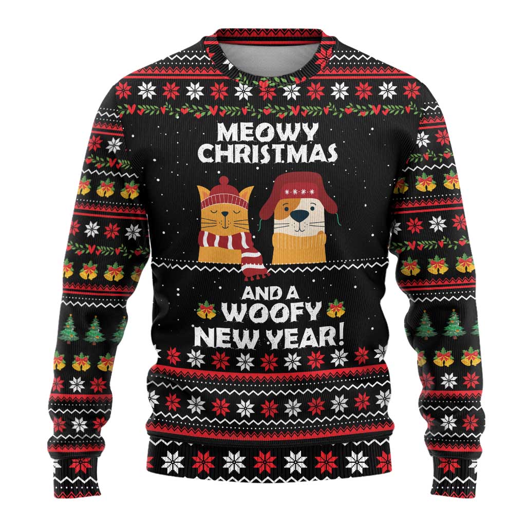 Meowy Christmas Woofy New Year Ugly Christmas Sweater with Cat and Dog in Winter Hats and Festive Pattern Design - Wonder Print Shop