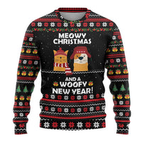Meowy Christmas Woofy New Year Ugly Christmas Sweater with Cat and Dog in Winter Hats and Festive Pattern Design - Wonder Print Shop