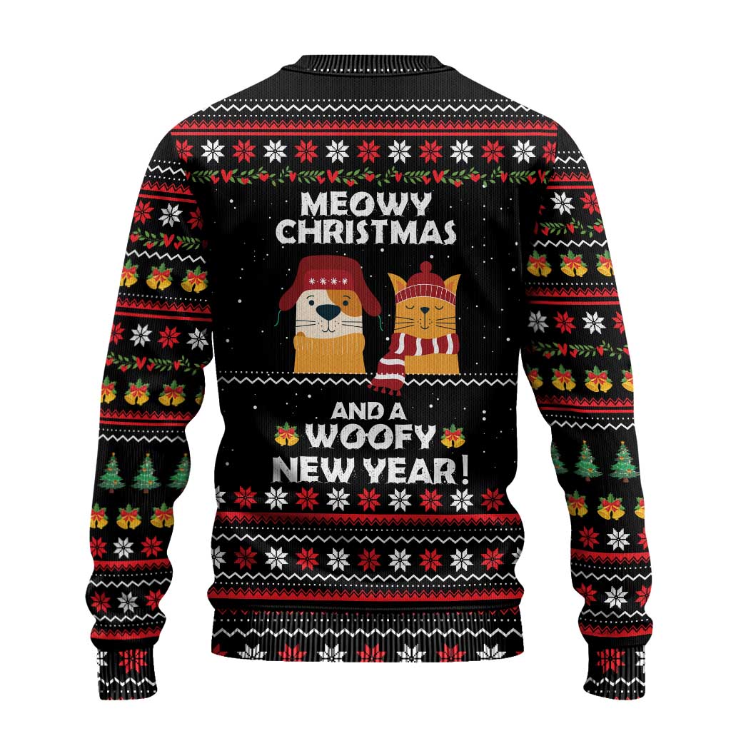 Meowy Christmas Woofy New Year Ugly Christmas Sweater with Cat and Dog in Winter Hats and Festive Pattern Design - Wonder Print Shop