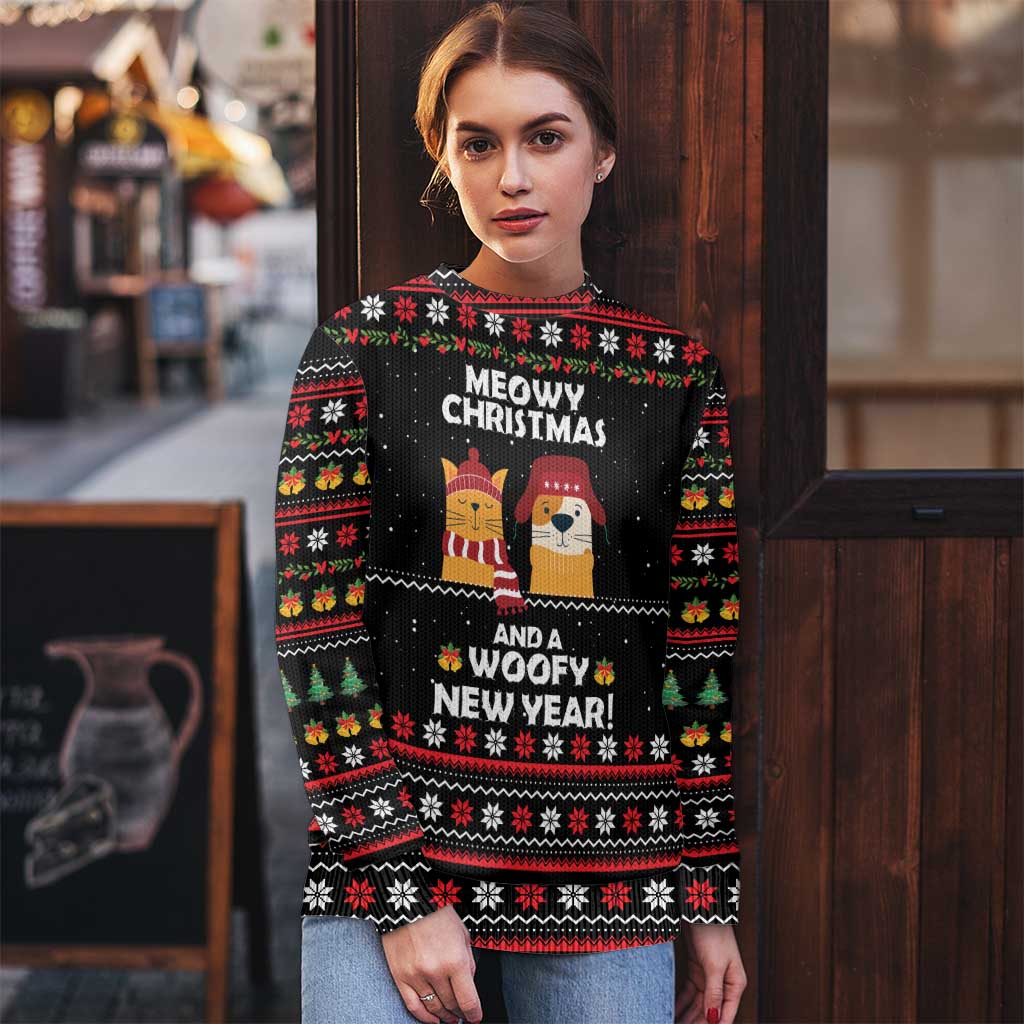 Meowy Christmas Woofy New Year Ugly Christmas Sweater with Cat and Dog in Winter Hats and Festive Pattern Design - Wonder Print Shop