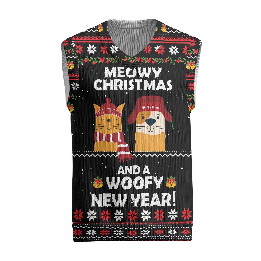 Meowy Christmas Woofy New Year Christmas Knitted V-Neck Vest with Cat and Dog in Winter Hats and Festive Pattern Design - Wonder Print Shop