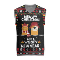 Meowy Christmas Woofy New Year Christmas Knitted V-Neck Vest with Cat and Dog in Winter Hats and Festive Pattern Design - Wonder Print Shop
