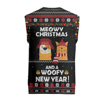 Meowy Christmas Woofy New Year Christmas Knitted V-Neck Vest with Cat and Dog in Winter Hats and Festive Pattern Design - Wonder Print Shop