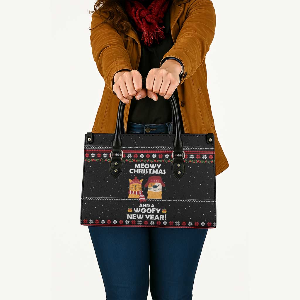 Meowy Christmas Woofy New Year Leather Bag with Cat and Dog in Winter Hats and Festive Pattern Design - Wonder Print Shop
