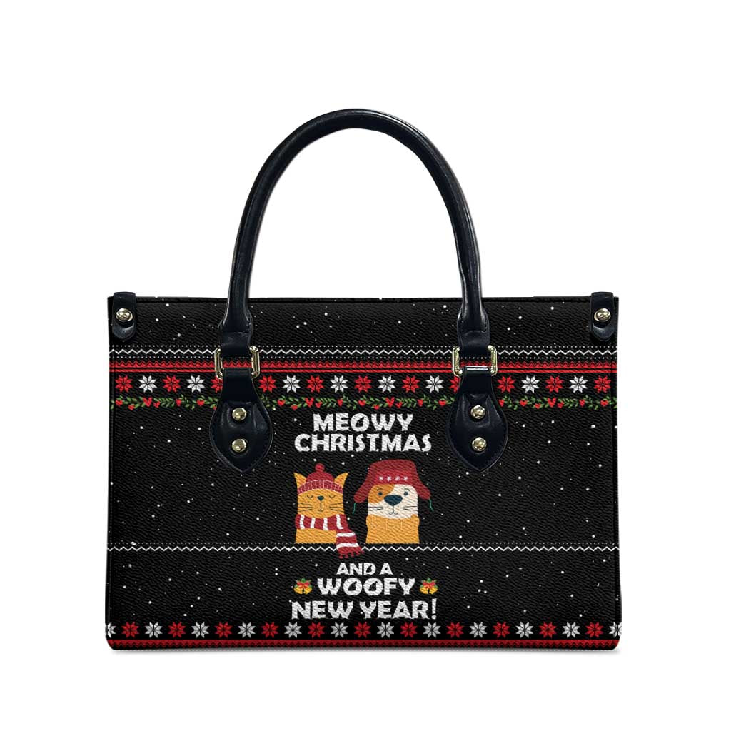 Meowy Christmas Woofy New Year Leather Bag with Cat and Dog in Winter Hats and Festive Pattern Design - Wonder Print Shop